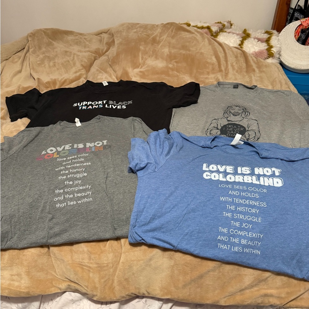 Lot of 4 Equality Liberal Support Jesus T-Shirts -Black, Gray, Blue Unisex L/XL